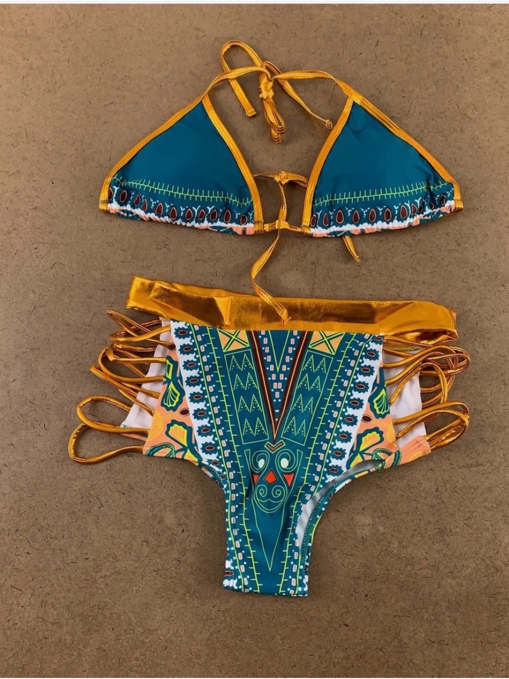 Teal & Gold Zando small metallic tribal print cutout halter neck 2 piece Bikini
